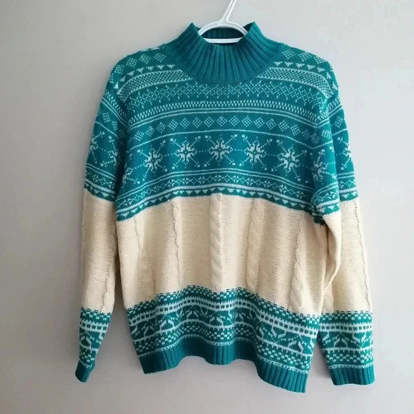 Vintage Fair Isle Fisherman Cable Knit Cotton Ramie Lambswool Sweater Medium - Picture 3 of 15